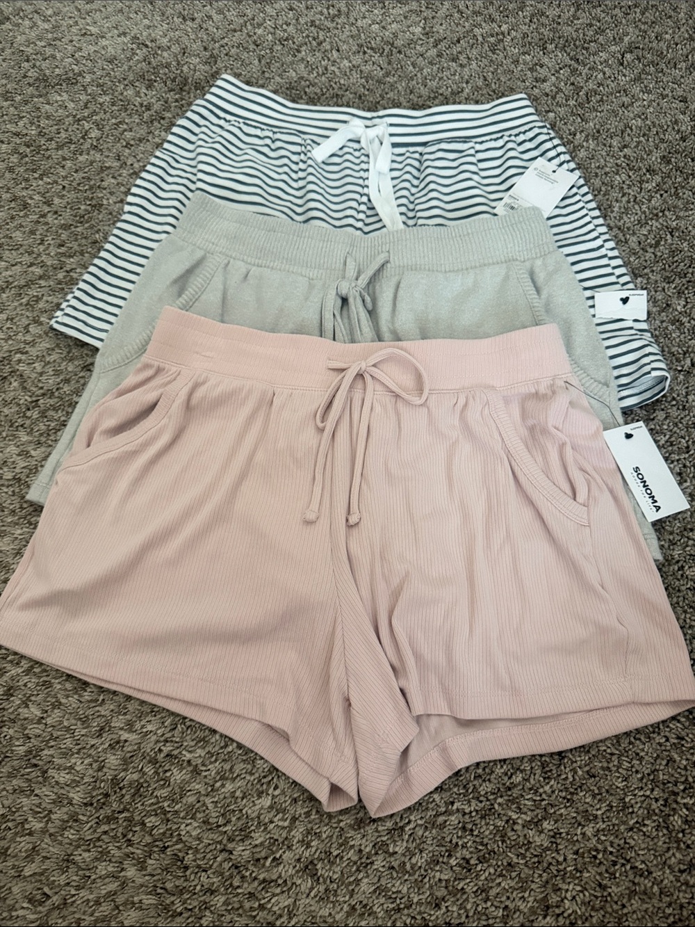 BRAND NEW! Sonoma Women's Lounge Shorts - Pack of 3 (Pink, Gray, Grey Stripe)